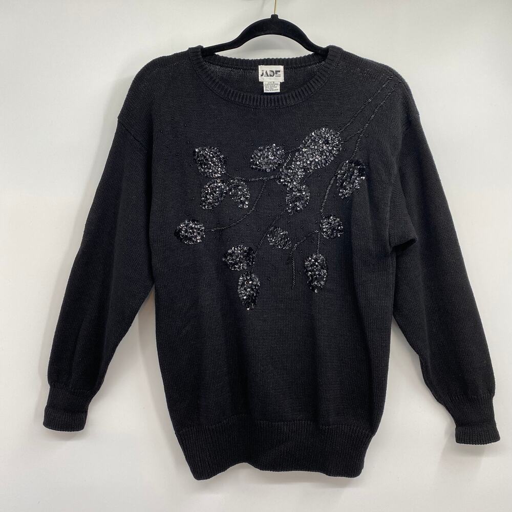 Vintage Jade Sweater Pullover Black Beaded Floral Holiday Womens Size Small